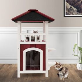 cat2-Story Wooden Cat House with Asphalt Roof Balcony and Rain Curtain