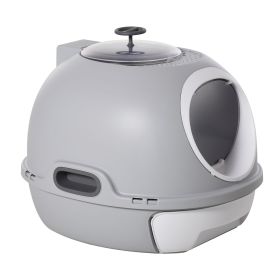 Cat Litter Box Toilet with Lid, Covered Litter Box with Scoop, Enclosed Drawer and Skylight, Grey