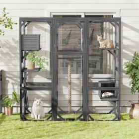 Outdoor Cat House  DIY Cat Enclosure, Cat Catio With Double Enter Doors  62.8 L X 32.2 W X68.5 H Balcony Cat Playpen With Platforms And Two Condo (Color: Dark Grey)